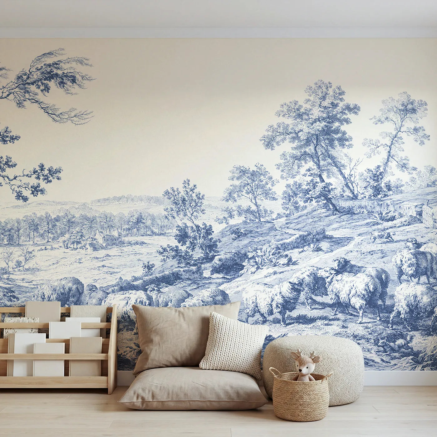 Toile wall mural of sheep grazing a hillside in single ink by Whimsy Tots