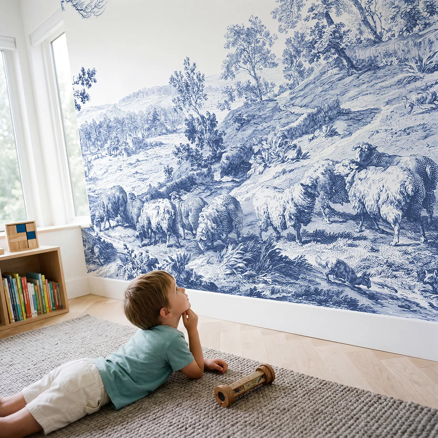 Child in nursery with Grazing Sheep Hillside Wallpaper Mural by Whimsy Tots