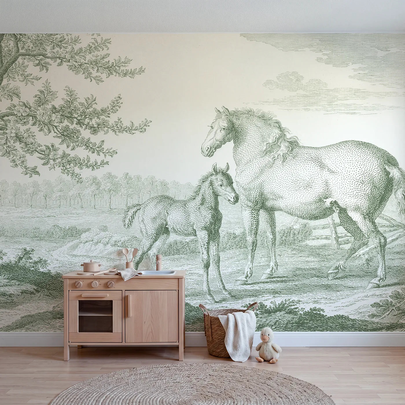 Toile wall mural of a foal and mother in a meadow in green ink by Whimsy Tots