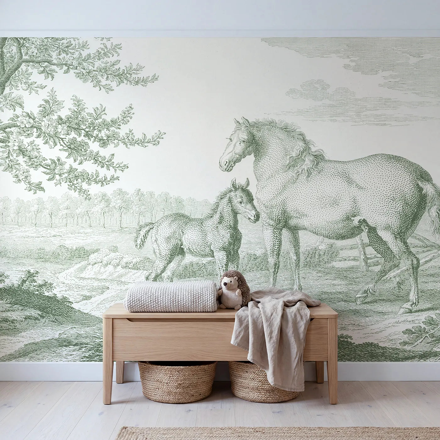 Foal Spring Meadow Wallpaper Mural in Green in playroom setting by Whimsy Tots