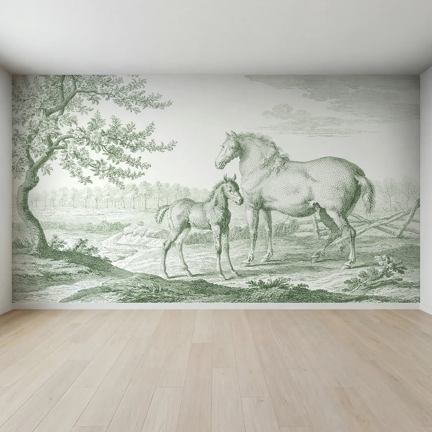 Full view of Foal Spring Meadow Wallpaper Mural in Green by Whimsy Tots
