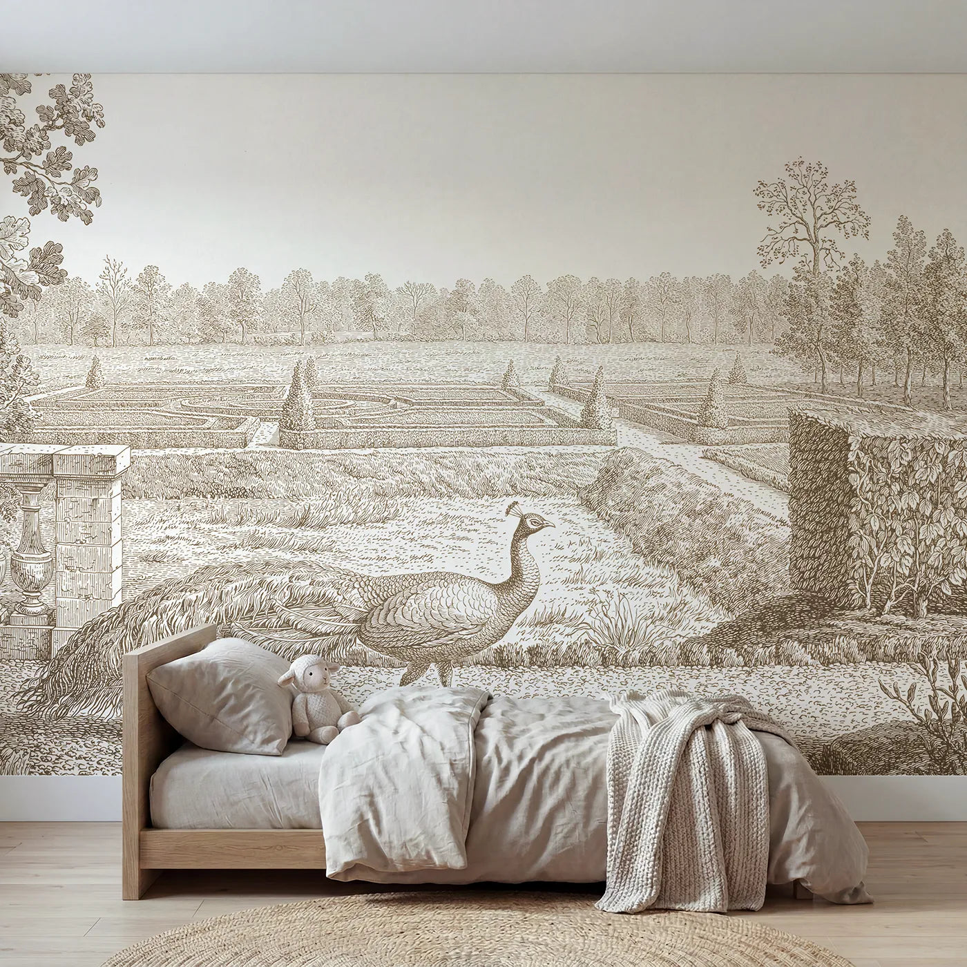Toile wall mural of a peacock in a formal garden in brown ink by Whimsy Tots