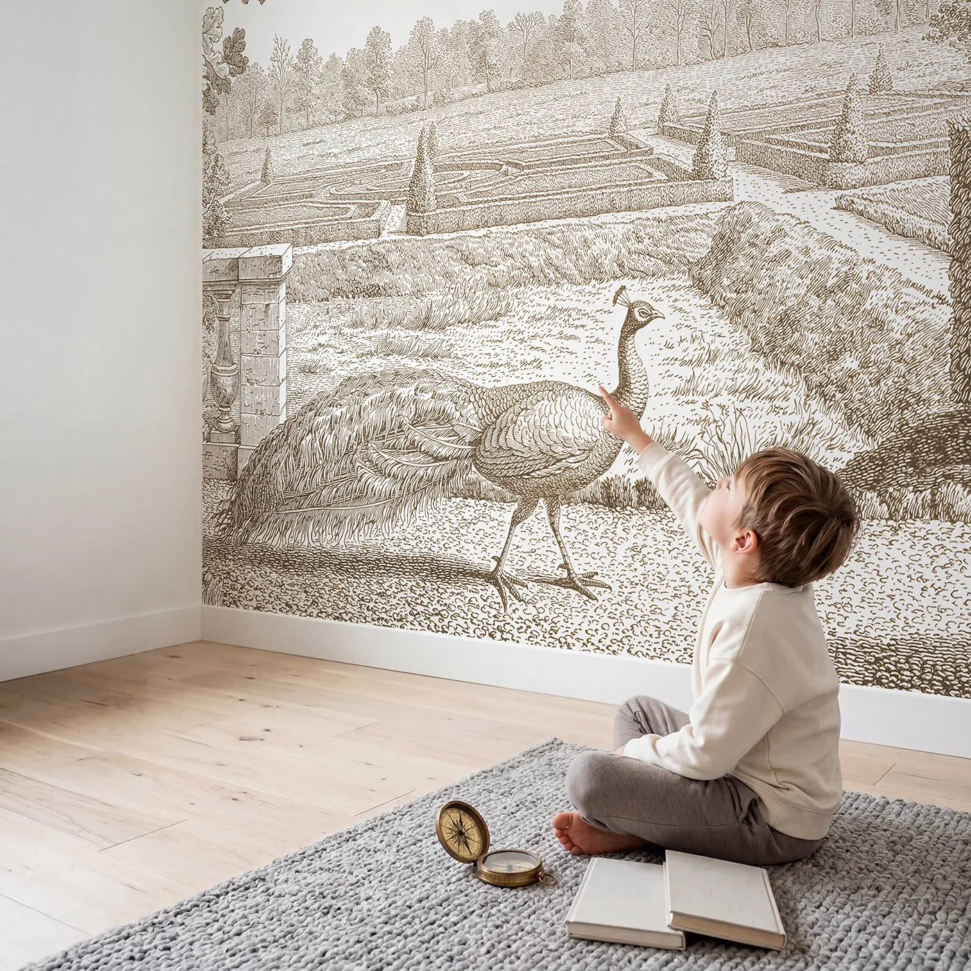 Child in nursery with Peacock Garden Strut Wallpaper Mural in Brown by Whimsy Tots
