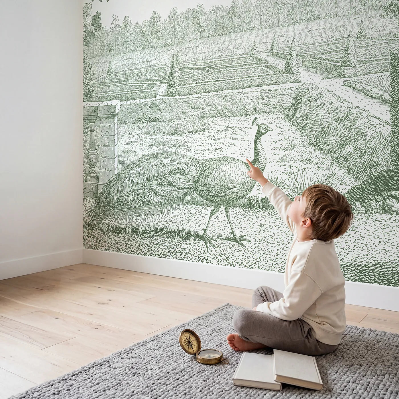 Child in nursery with Peacock Garden Strut Wallpaper Mural in Green by Whimsy Tots