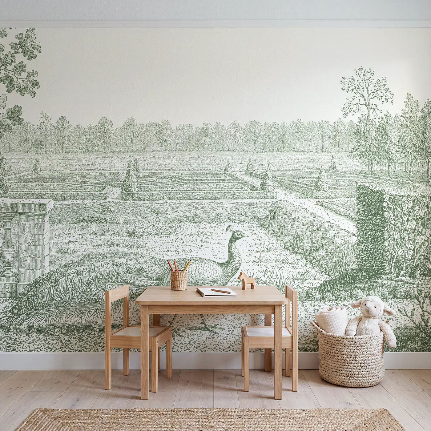 Peacock Garden Strut Wallpaper Mural in Green in playroom setting by Whimsy Tots