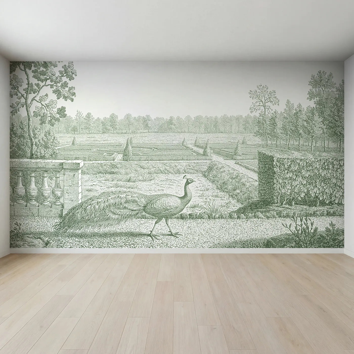 Full view of Peacock Garden Strut Wallpaper Mural in Green by Whimsy Tots