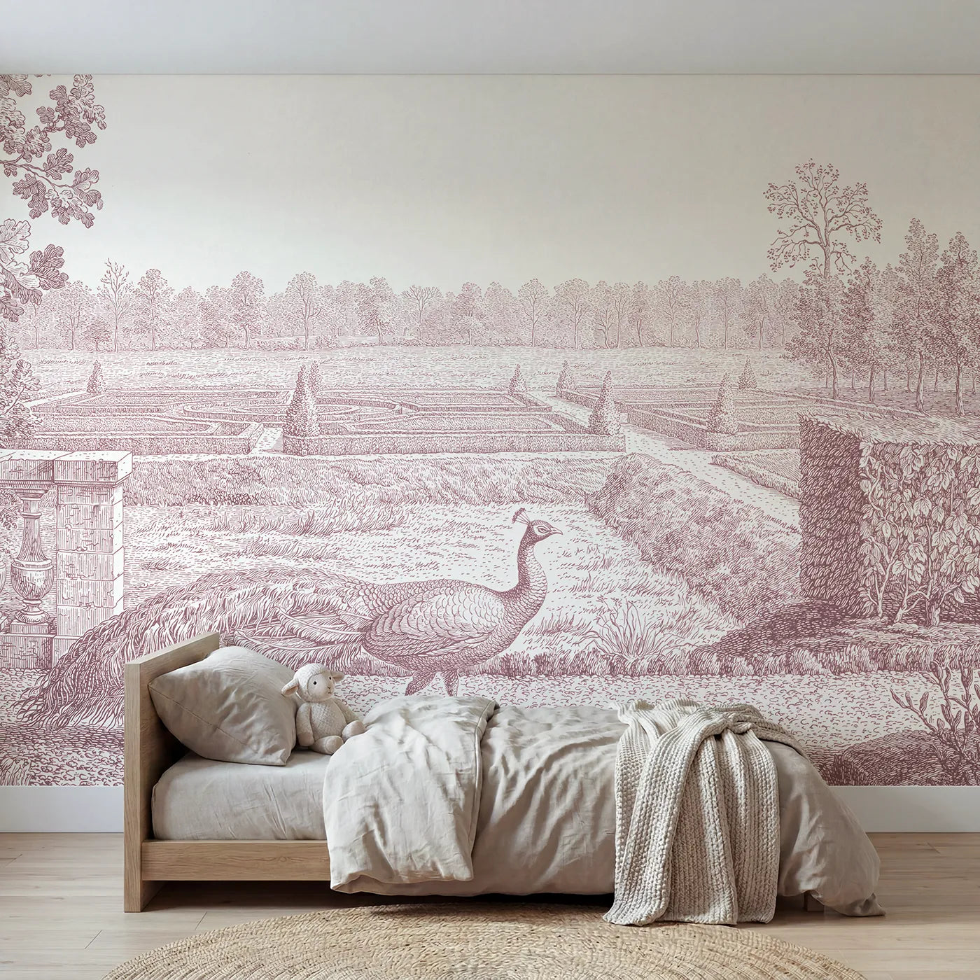 Toile wall mural of a peacock in a formal garden in pink ink by Whimsy Tots