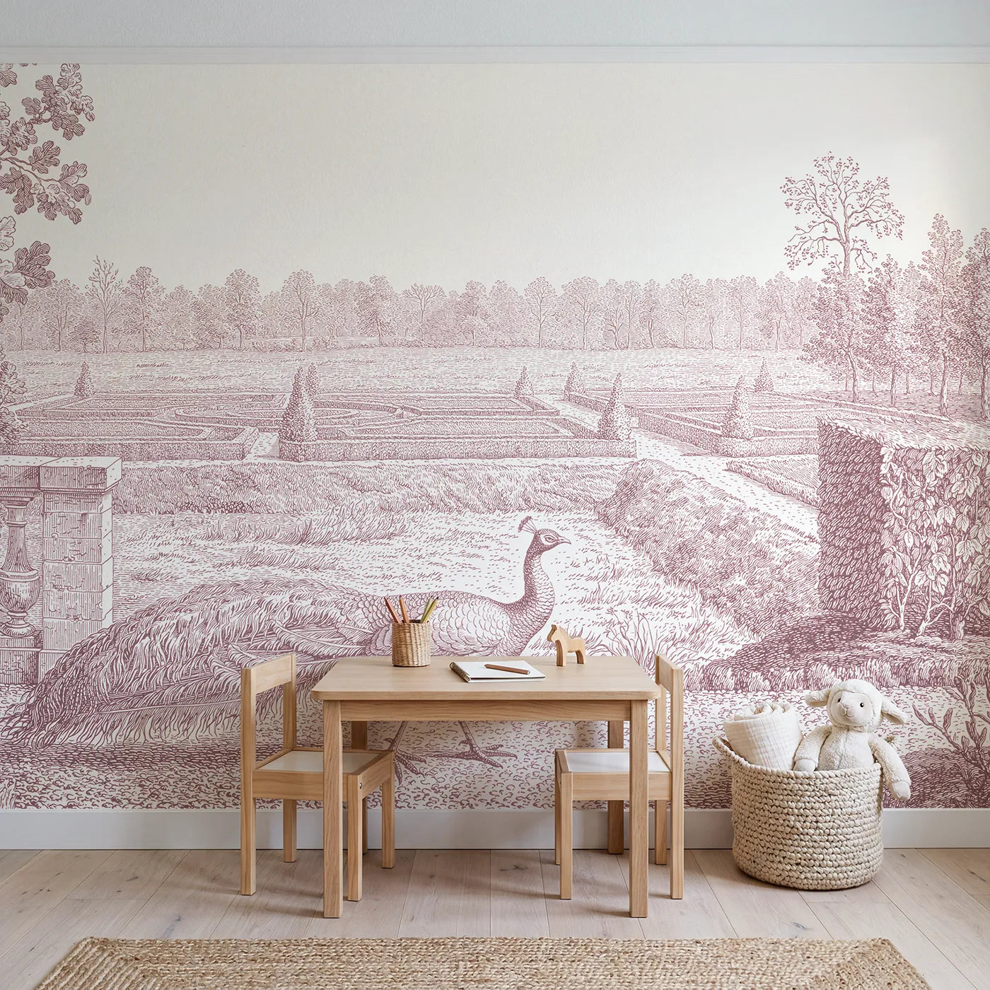 Peacock Garden Strut Wallpaper Mural in Pink in playroom setting by Whimsy Tots