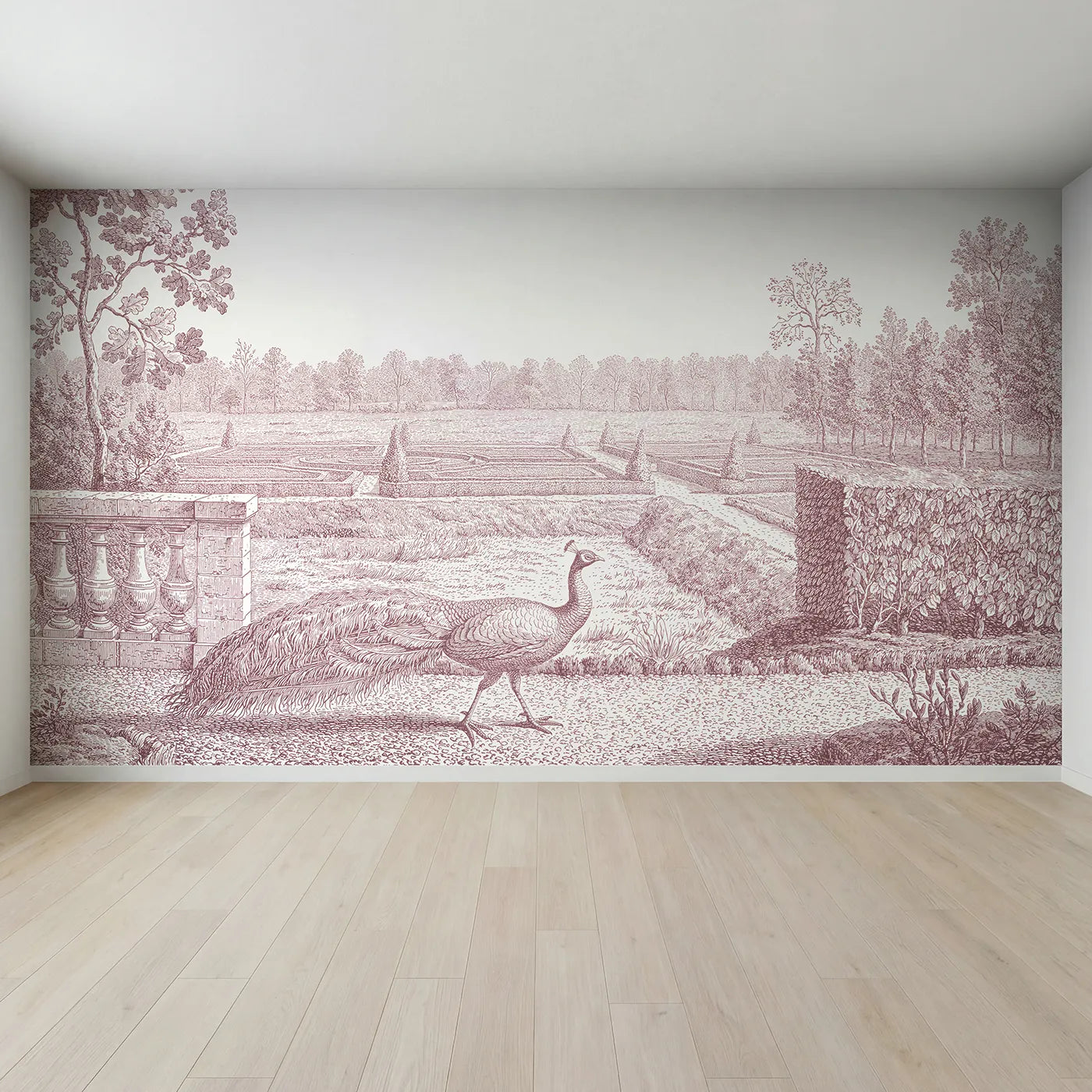 Full view of Peacock Garden Strut Wallpaper Mural in Pink by Whimsy Tots