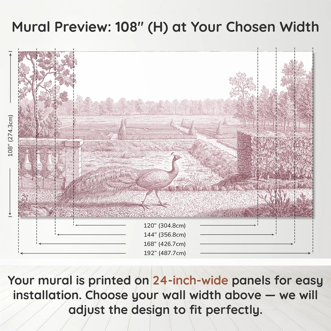 Panel layout and dimensions for Peacock Garden Strut Wallpaper Mural in Pink by Whimsy Tots