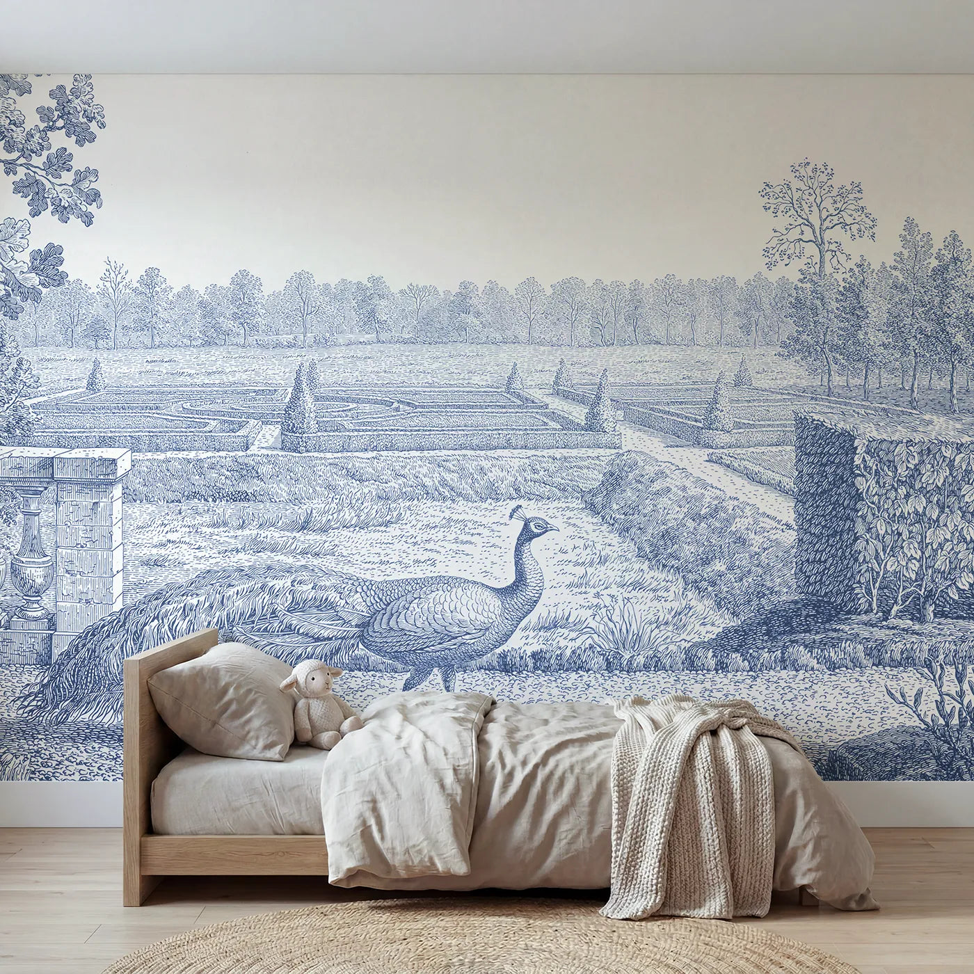 Toile wall mural of a peacock in a formal garden in single ink by Whimsy Tots