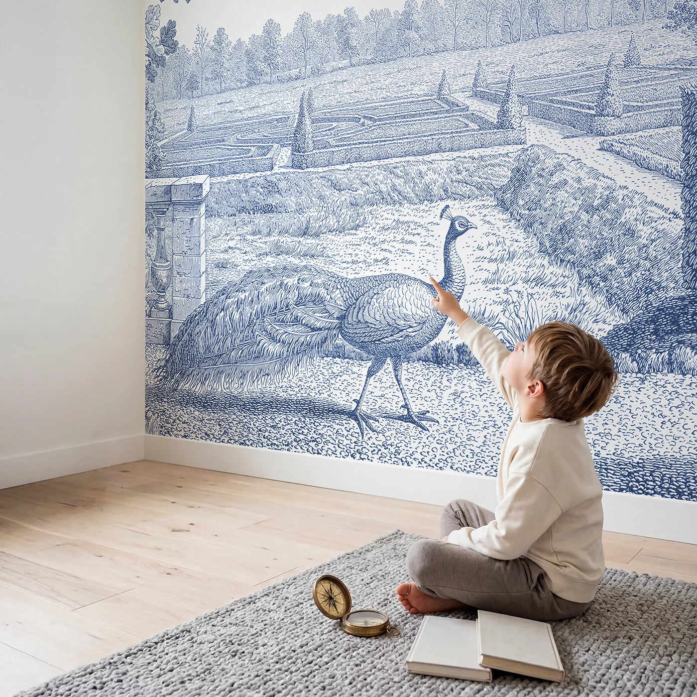 Child in nursery with Peacock Garden Strut Wallpaper Mural by Whimsy Tots