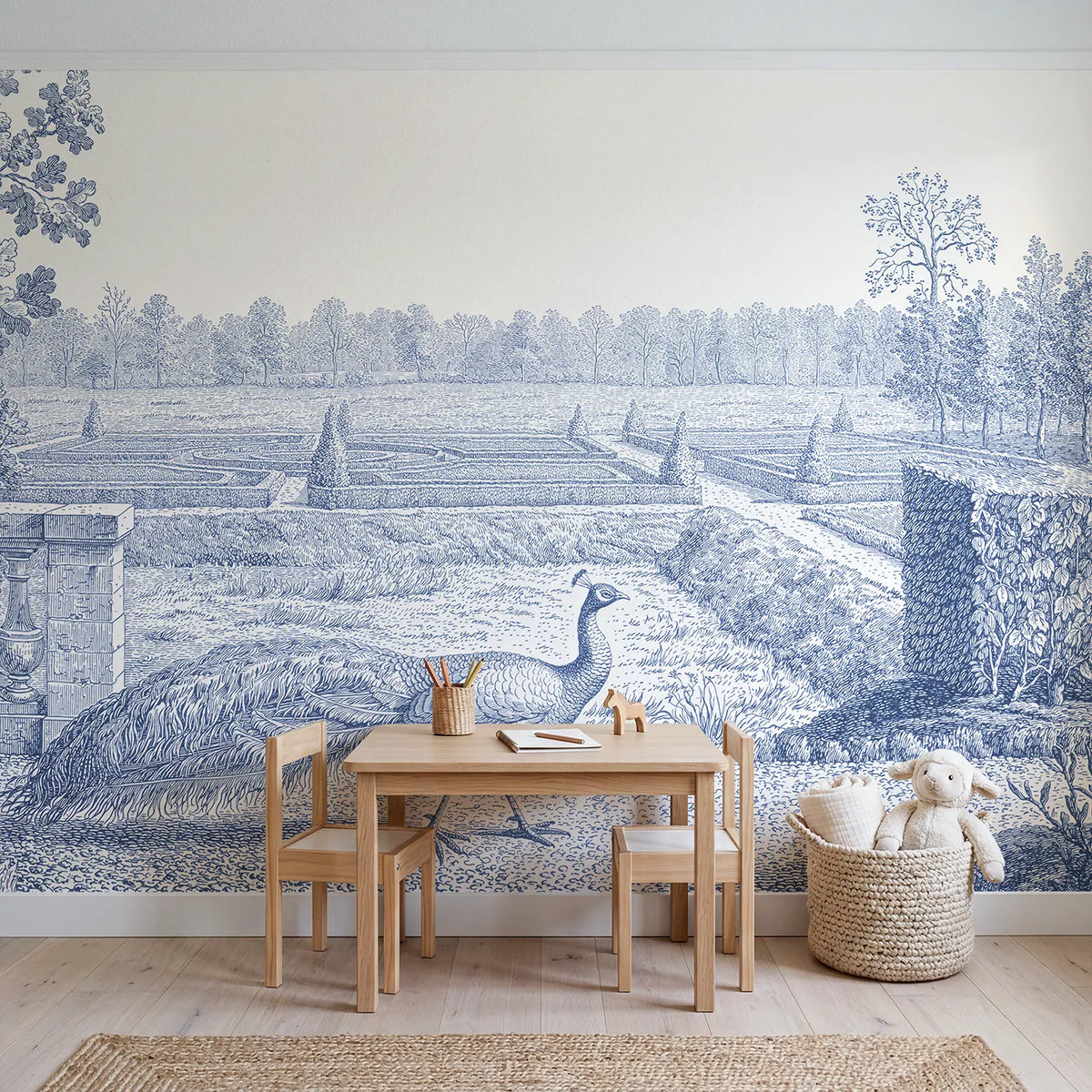 Peacock Garden Strut Wallpaper Mural in playroom setting by Whimsy Tots
