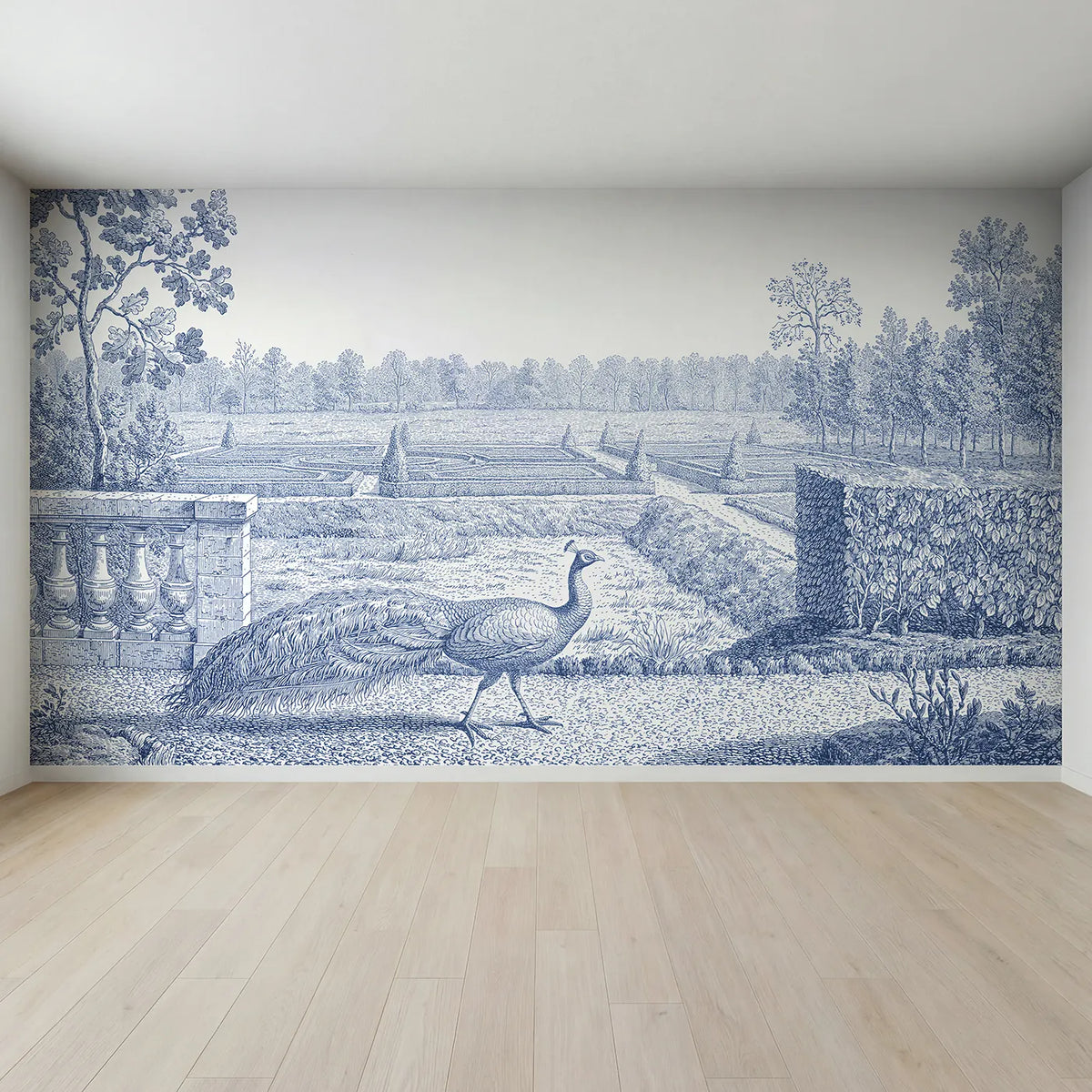 Full view of Peacock Garden Strut Wallpaper Mural by Whimsy Tots