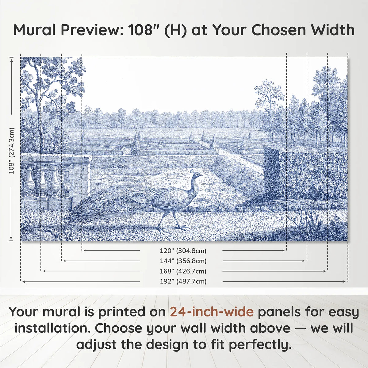 Panel layout and dimensions for Peacock Garden Strut Wallpaper Mural by Whimsy Tots