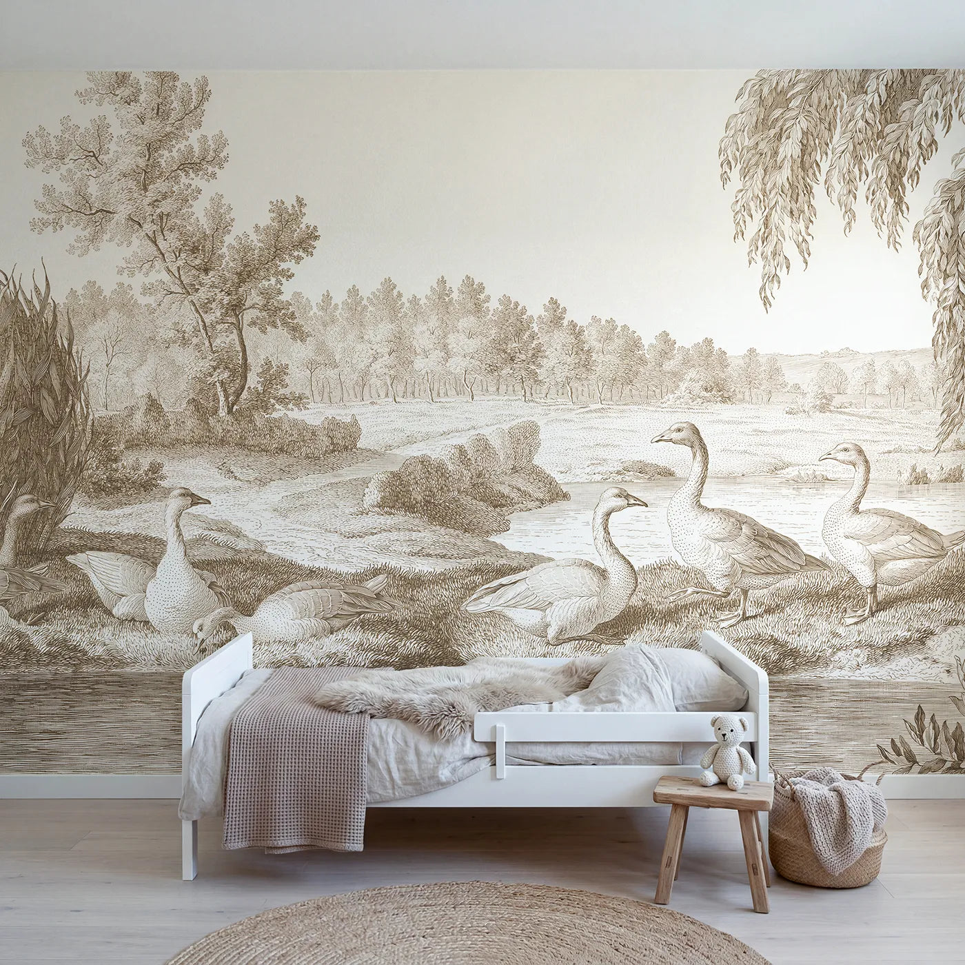Toile wall mural of geese at a morning pond in brown ink by Whimsy Tots