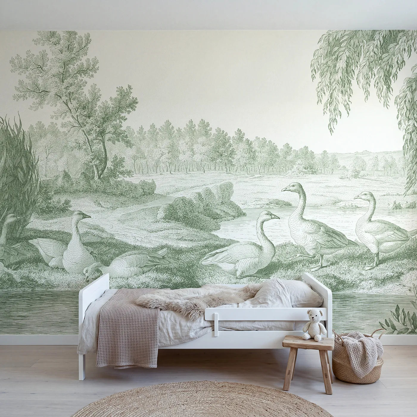 Toile wall mural of geese at a morning pond in green ink by Whimsy Tots