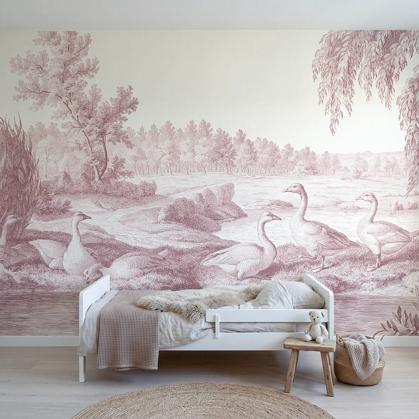 Toile wall mural of geese at a morning pond in pink ink by Whimsy Tots