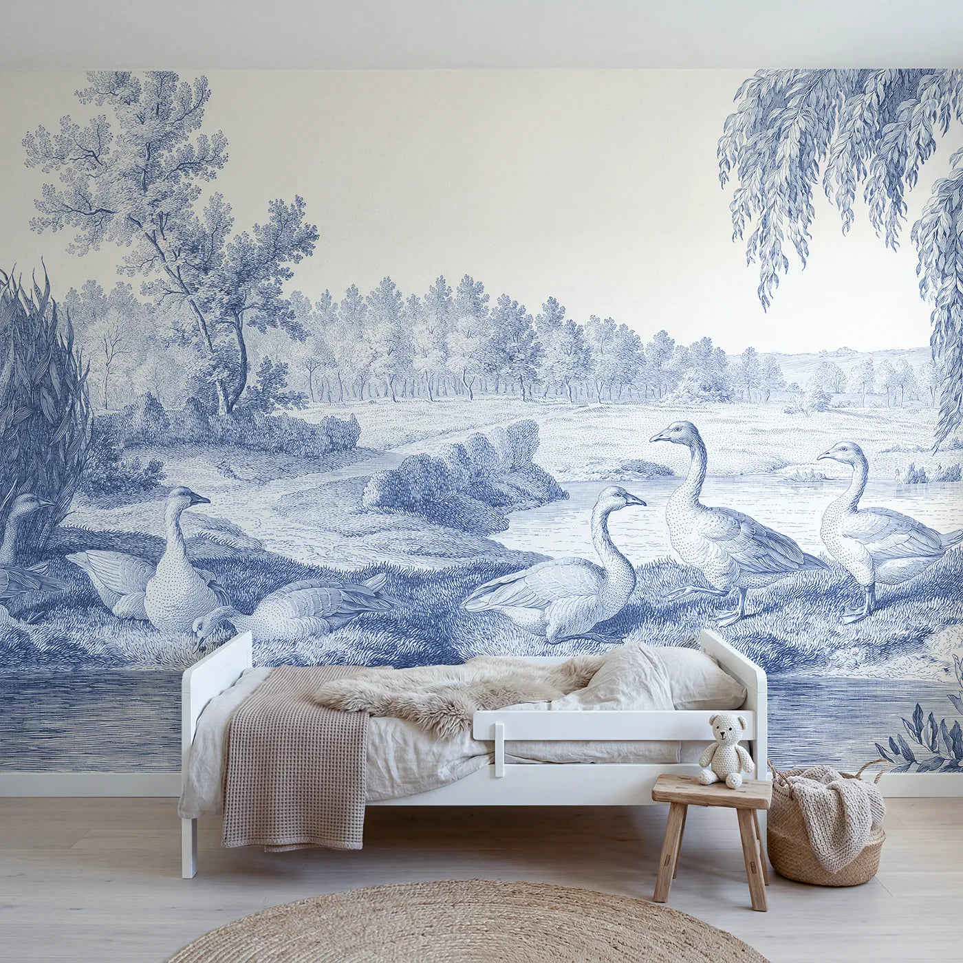 Toile wall mural of geese at a morning pond in single ink by Whimsy Tots