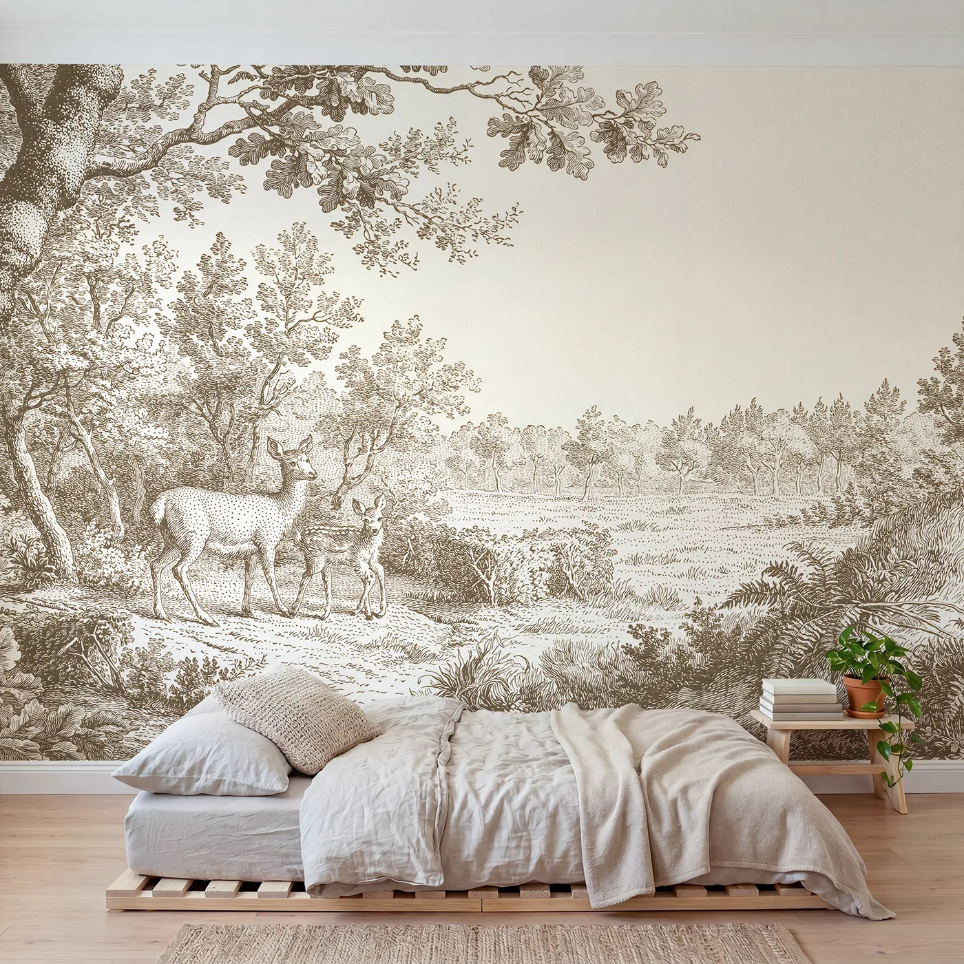Toile wall mural of a doe and fawn at a wood edge in brown ink by Whimsy Tots