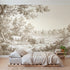 Toile wall mural of a doe and fawn at a wood edge in brown ink by Whimsy Tots