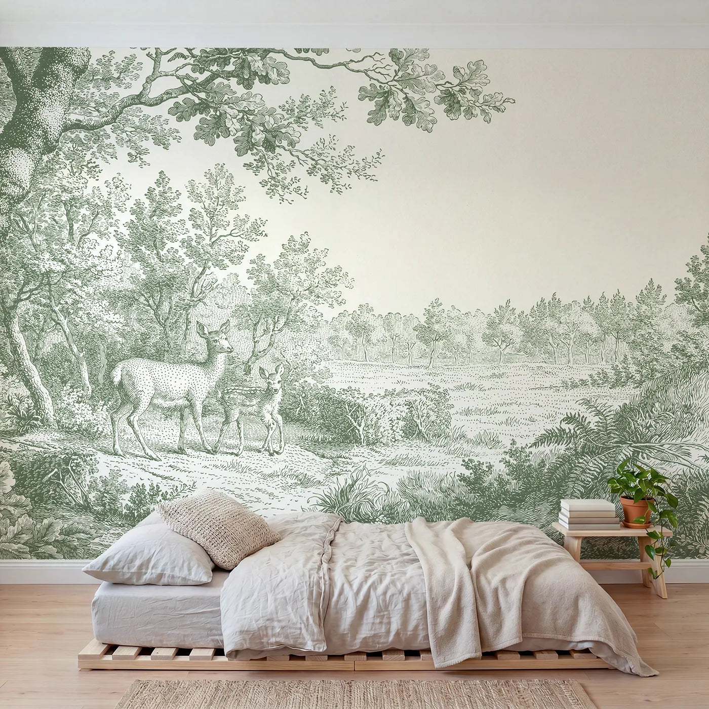 Toile wall mural of a doe and fawn at a wood edge in green ink by Whimsy Tots