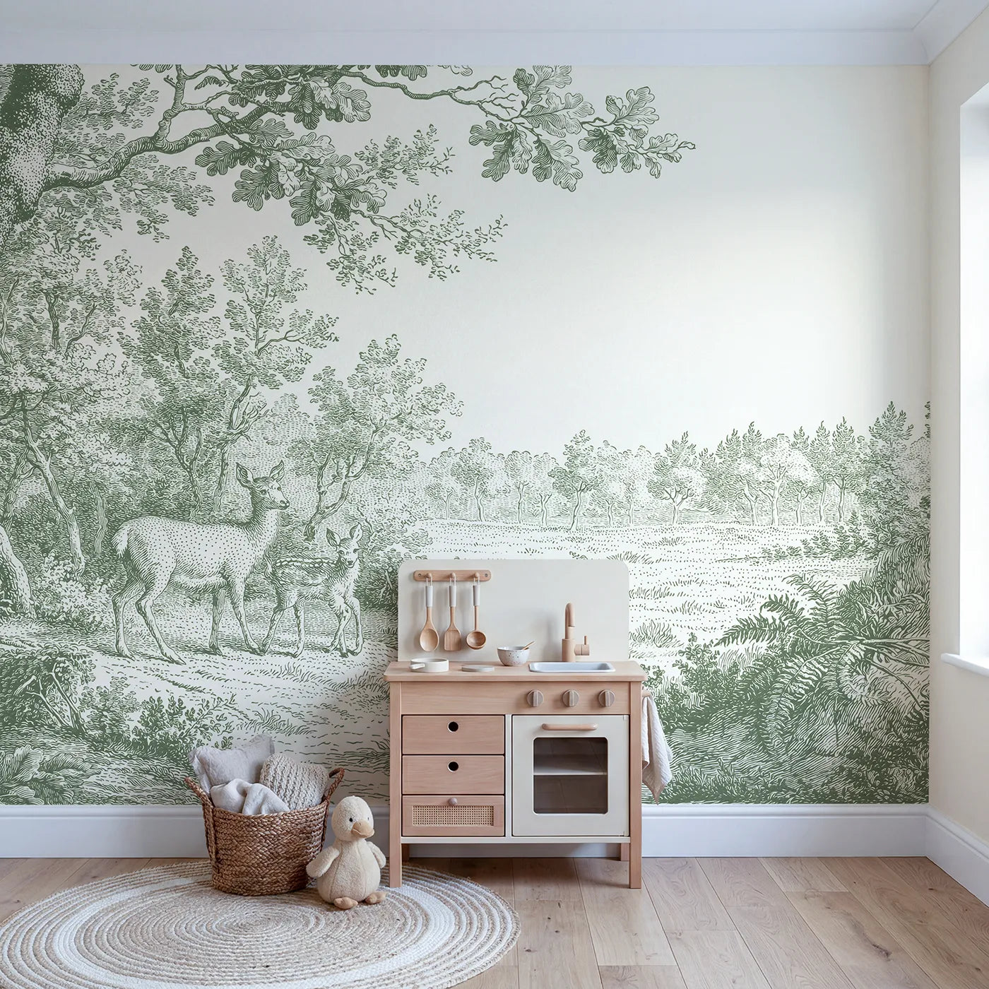 Doe And Fawn Wallpaper Mural in Green in playroom setting by Whimsy Tots