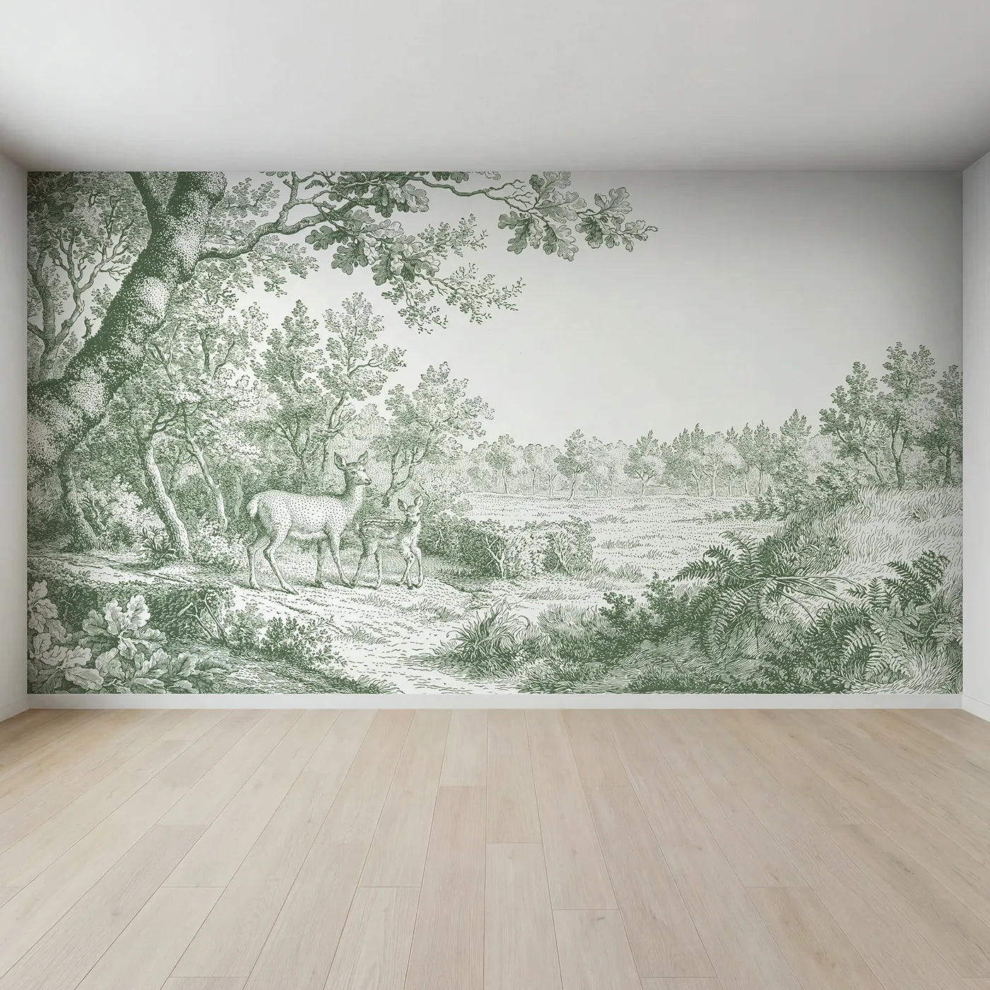 Full view of Doe And Fawn Wallpaper Mural in Green by Whimsy Tots