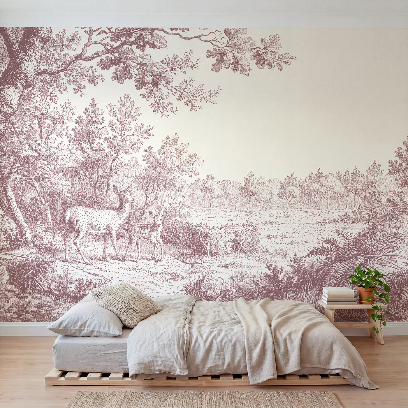 Toile wall mural of a doe and fawn at a wood edge in pink ink by Whimsy Tots
