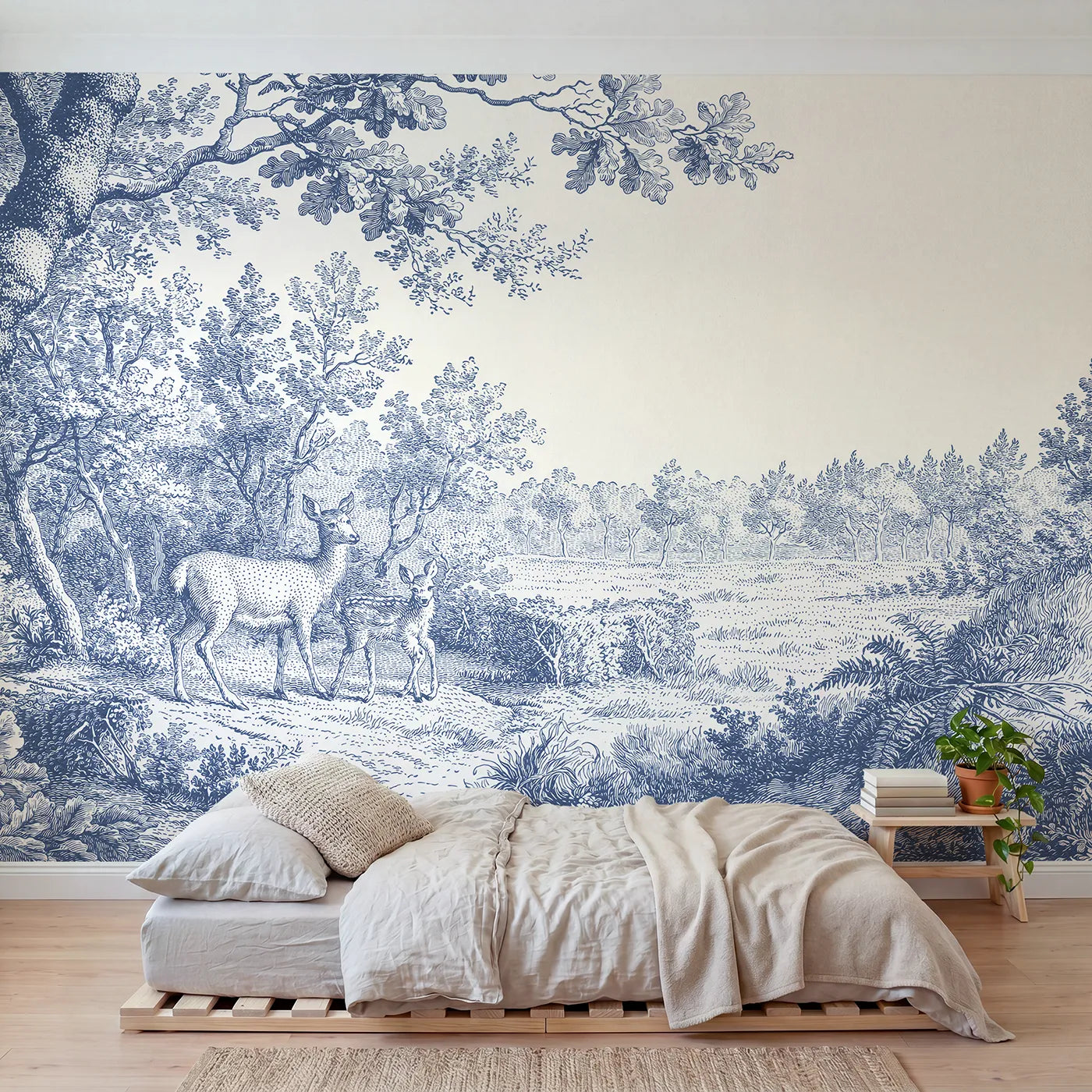 Toile wall mural of a doe and fawn at a wood edge in single ink by Whimsy Tots