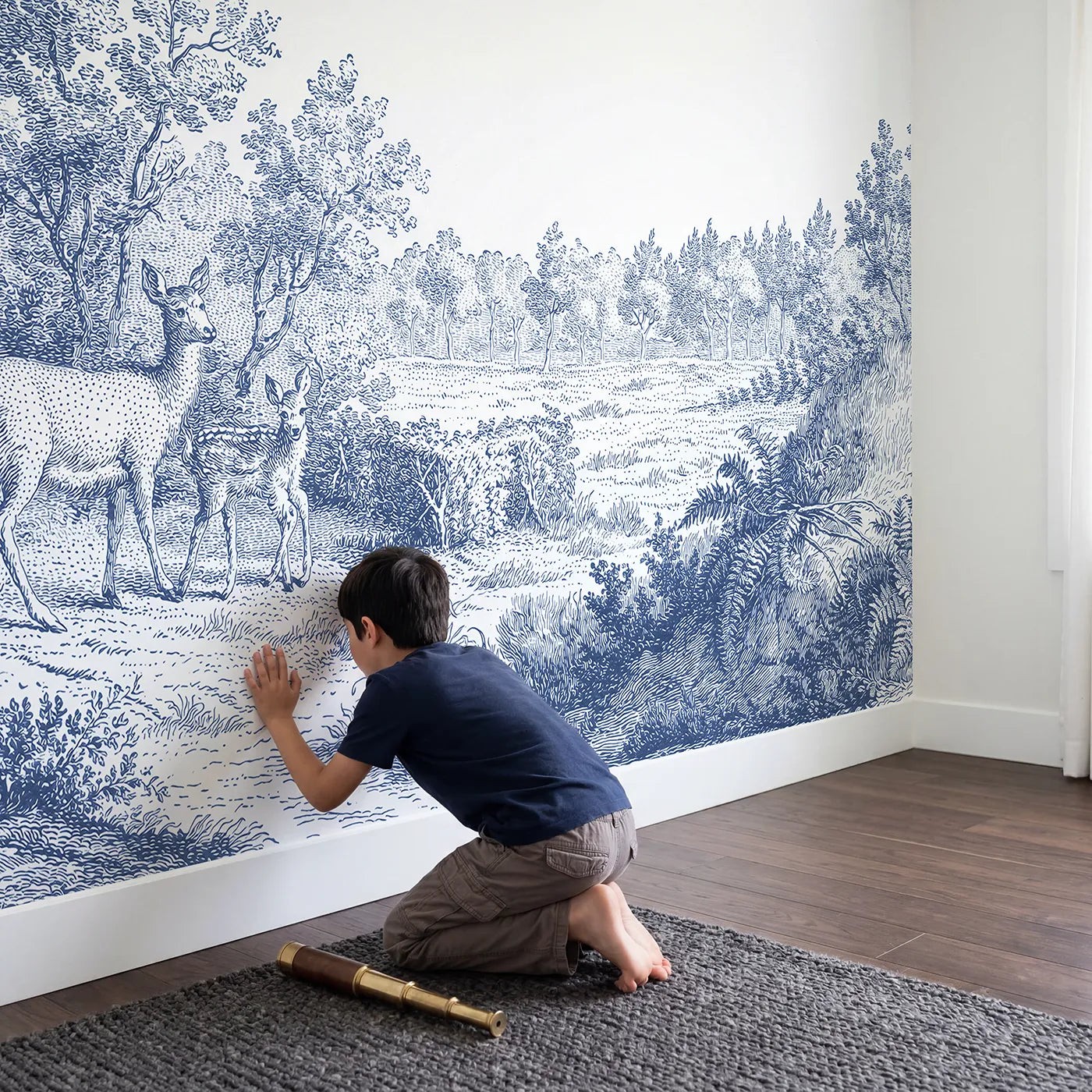 Child in nursery with Doe And Fawn Wallpaper Mural by Whimsy Tots