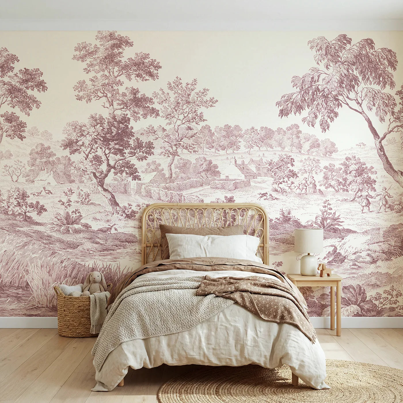 Toile wall mural of a kingfisher on a stream bank in pink ink by Whimsy Tots