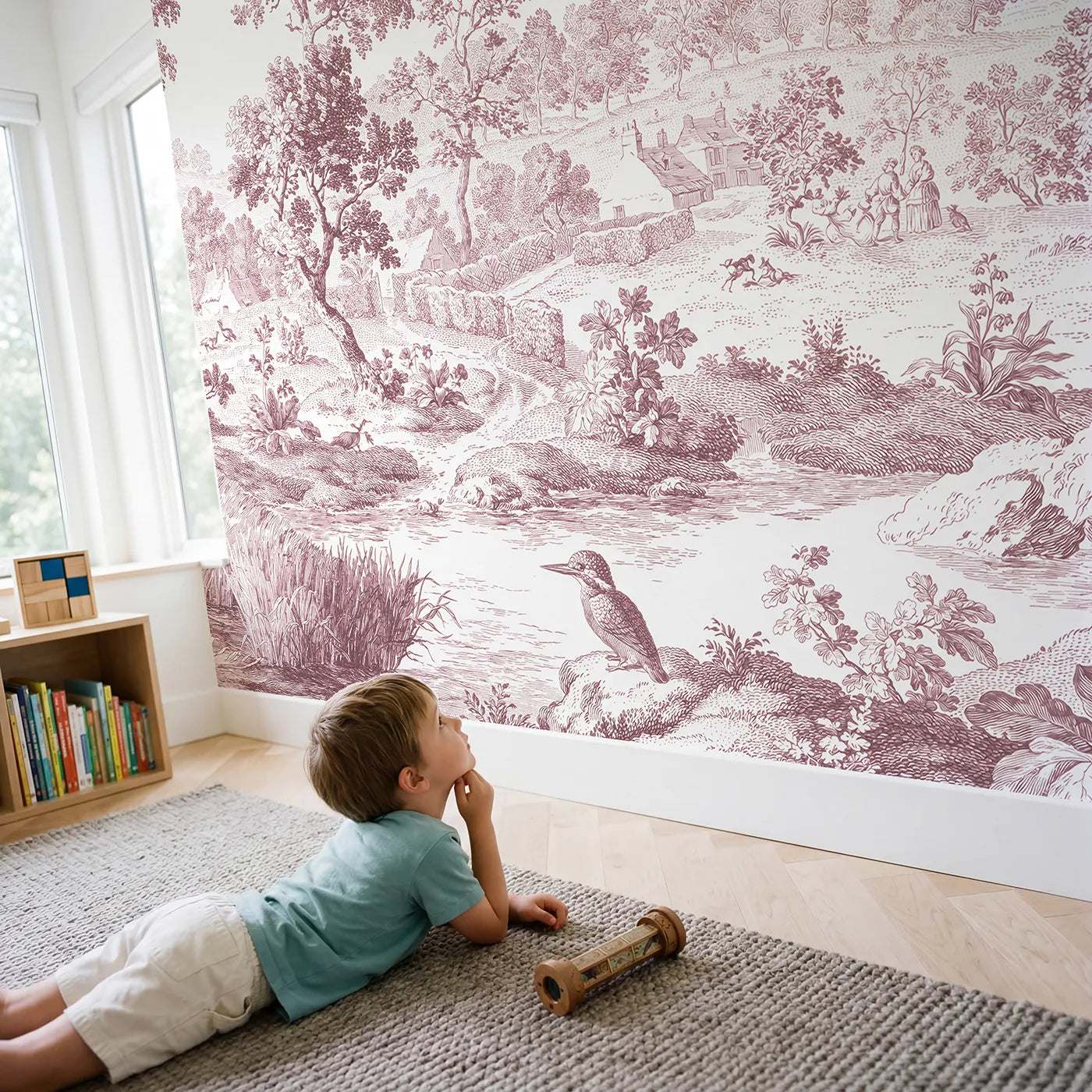 Child in nursery with Kingfisher Stream Bank Wallpaper Mural in Pink by Whimsy Tots