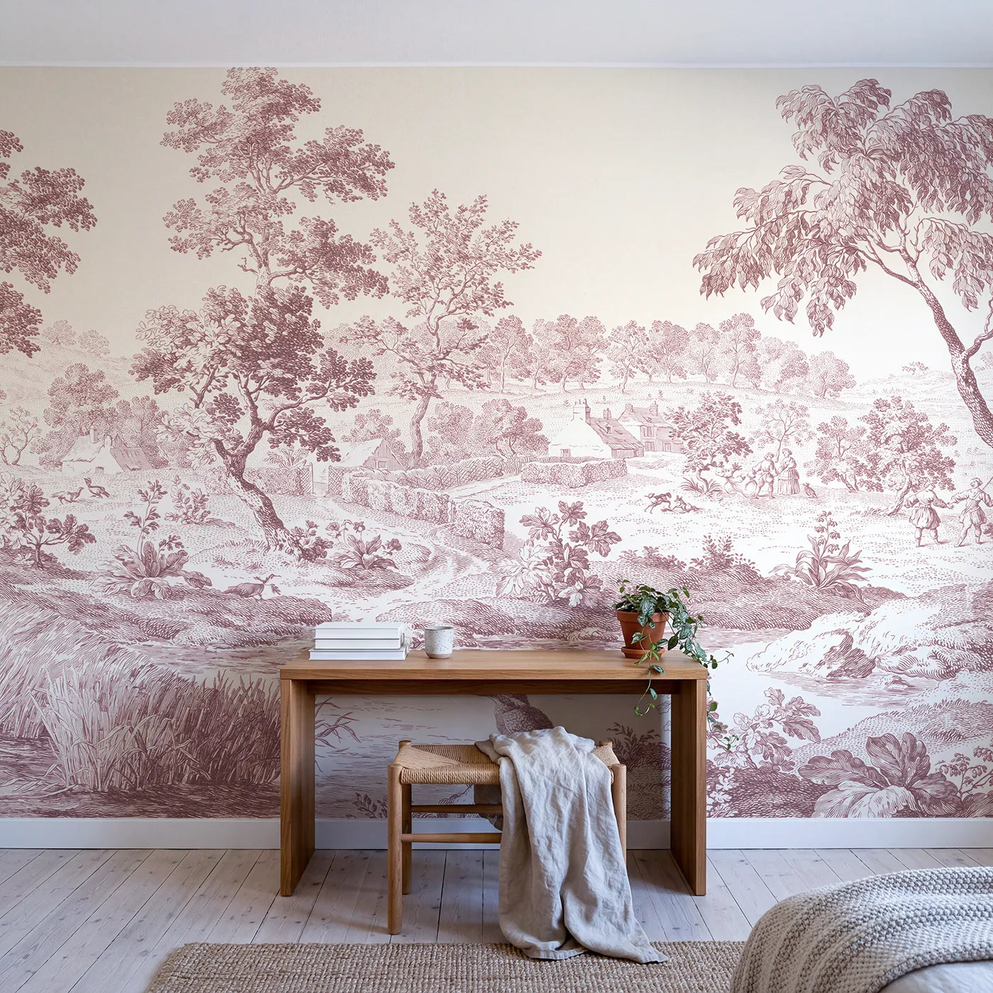 Kingfisher Stream Bank Wallpaper Mural in Pink in playroom setting by Whimsy Tots