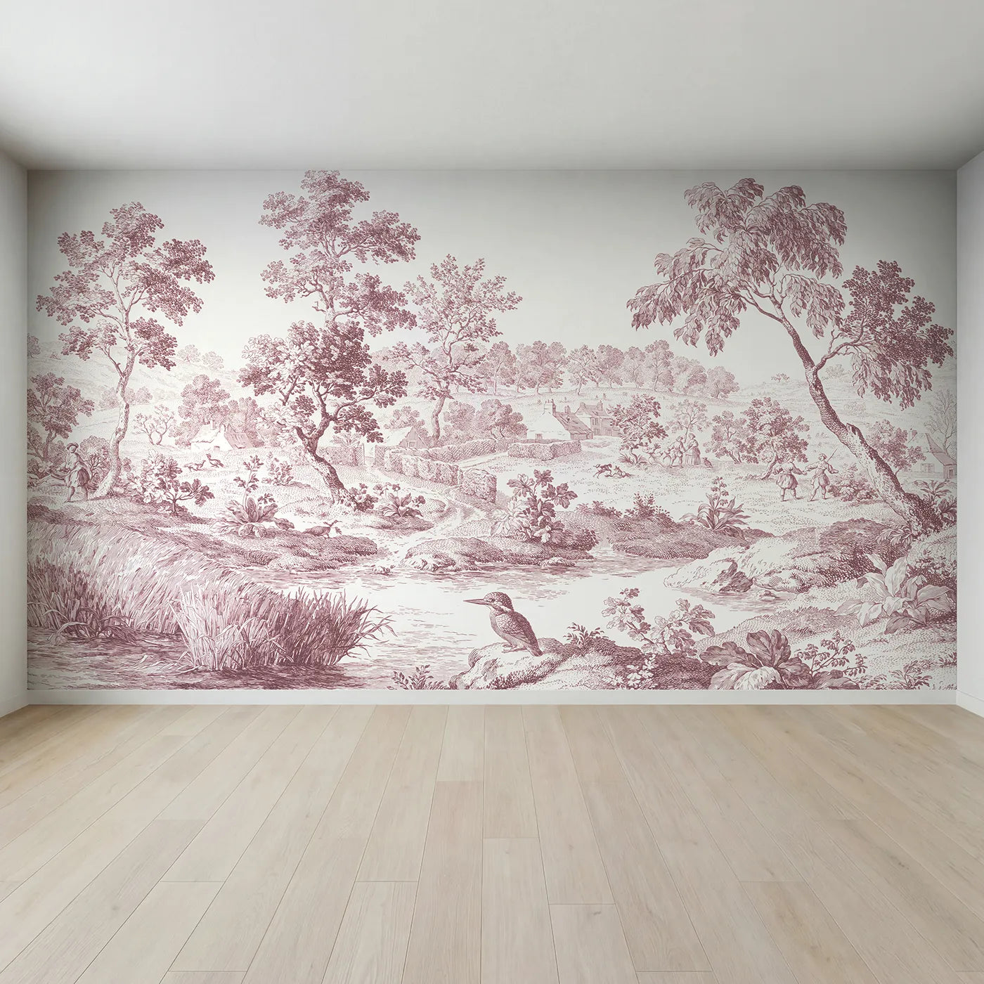 Full view of Kingfisher Stream Bank Wallpaper Mural in Pink by Whimsy Tots