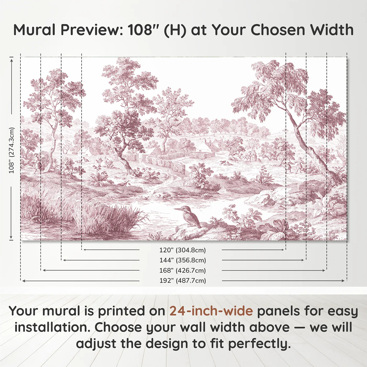 Panel layout and dimensions for Kingfisher Stream Bank Wallpaper Mural in Pink by Whimsy Tots