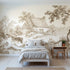 Toile wall mural of a thatched cottage by a lane in brown ink by Whimsy Tots