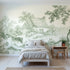 Toile wall mural of a thatched cottage by a lane in green ink by Whimsy Tots