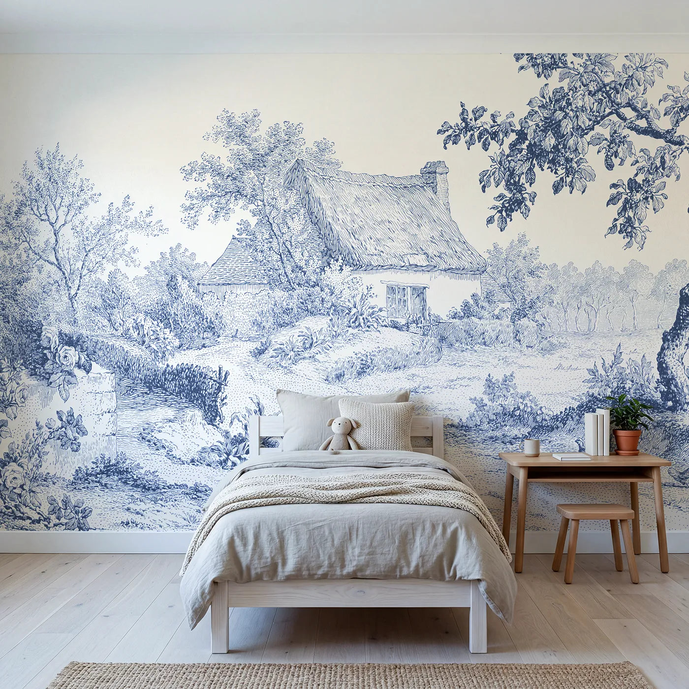 Toile wall mural of a thatched cottage by a lane in single ink by Whimsy Tots