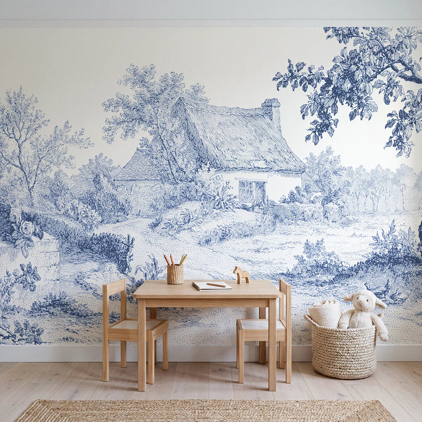 Thatched Cottage Lane Wallpaper Mural in playroom setting by Whimsy Tots