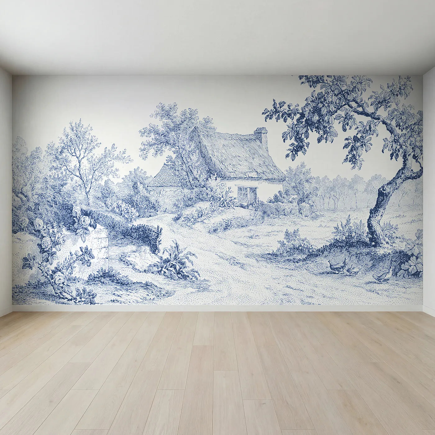 Full view of Thatched Cottage Lane Wallpaper Mural by Whimsy Tots