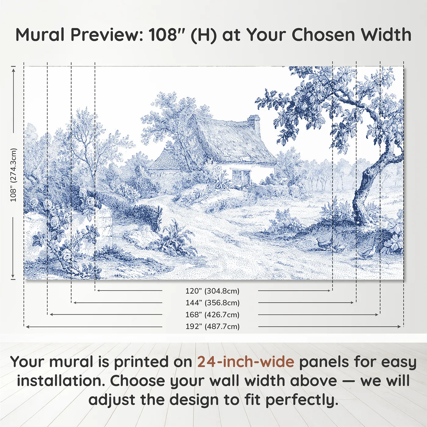 Panel layout and dimensions for Thatched Cottage Lane Wallpaper Mural by Whimsy Tots