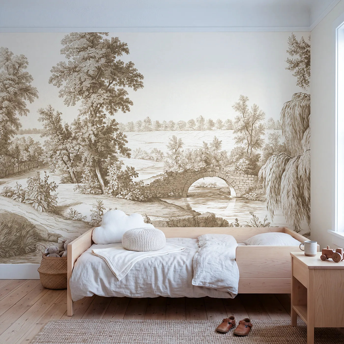 Toile wall mural of a stone bridge over a stream in brown ink by Whimsy Tots