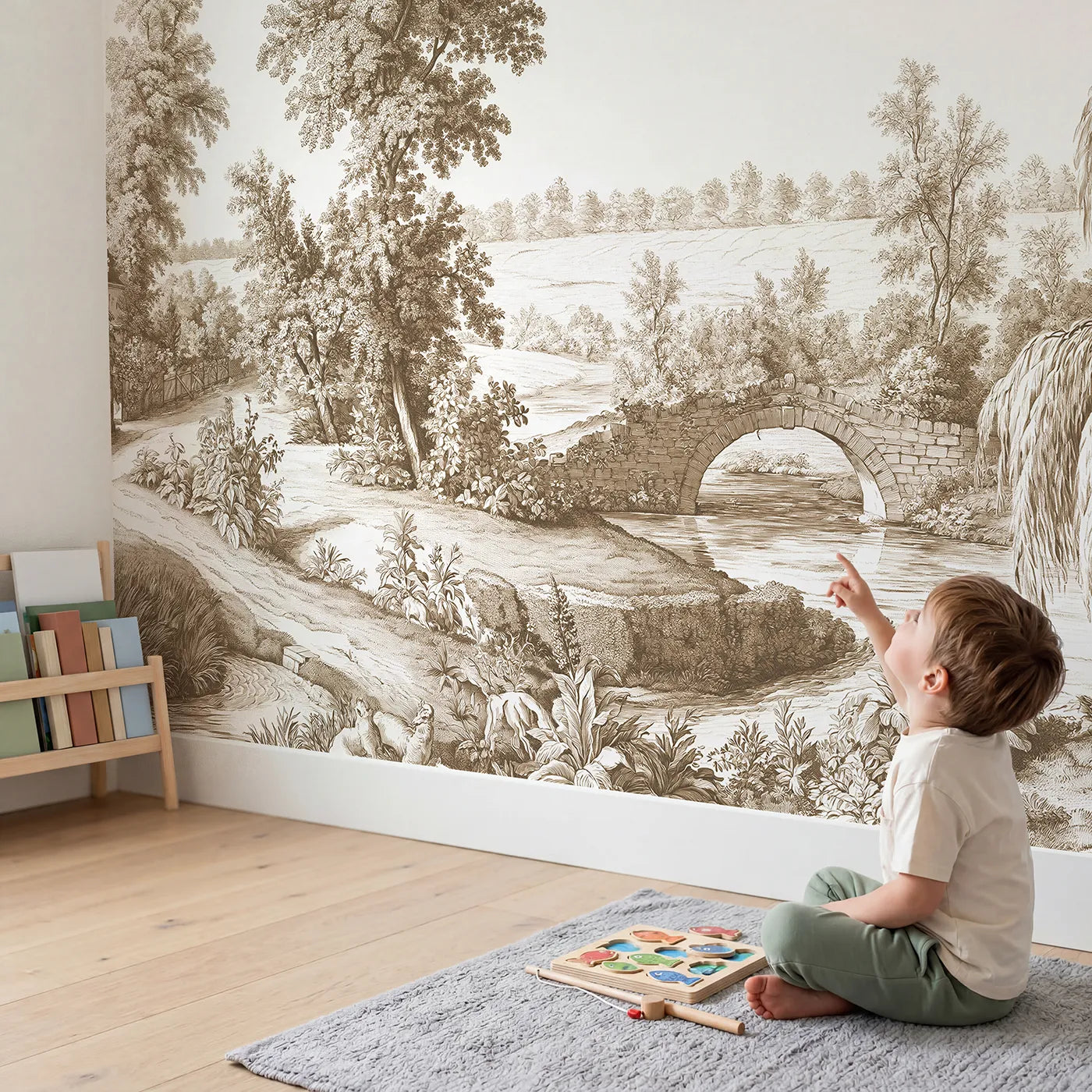 Child in nursery with Old Stone Bridge Wallpaper Mural in Brown by Whimsy Tots