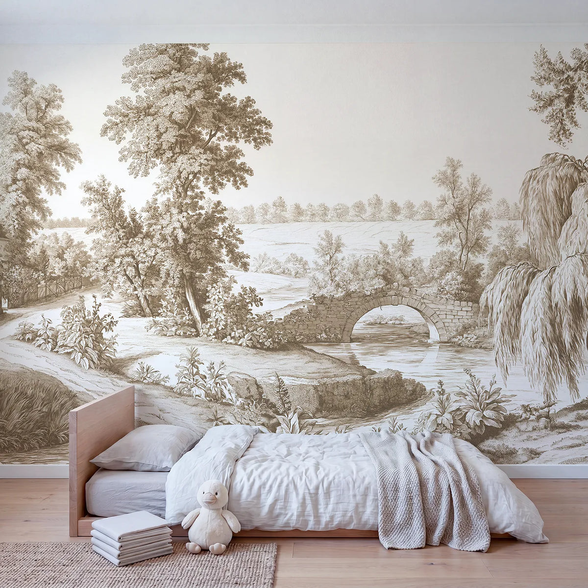 Old Stone Bridge Wallpaper Mural in Brown in playroom setting by Whimsy Tots