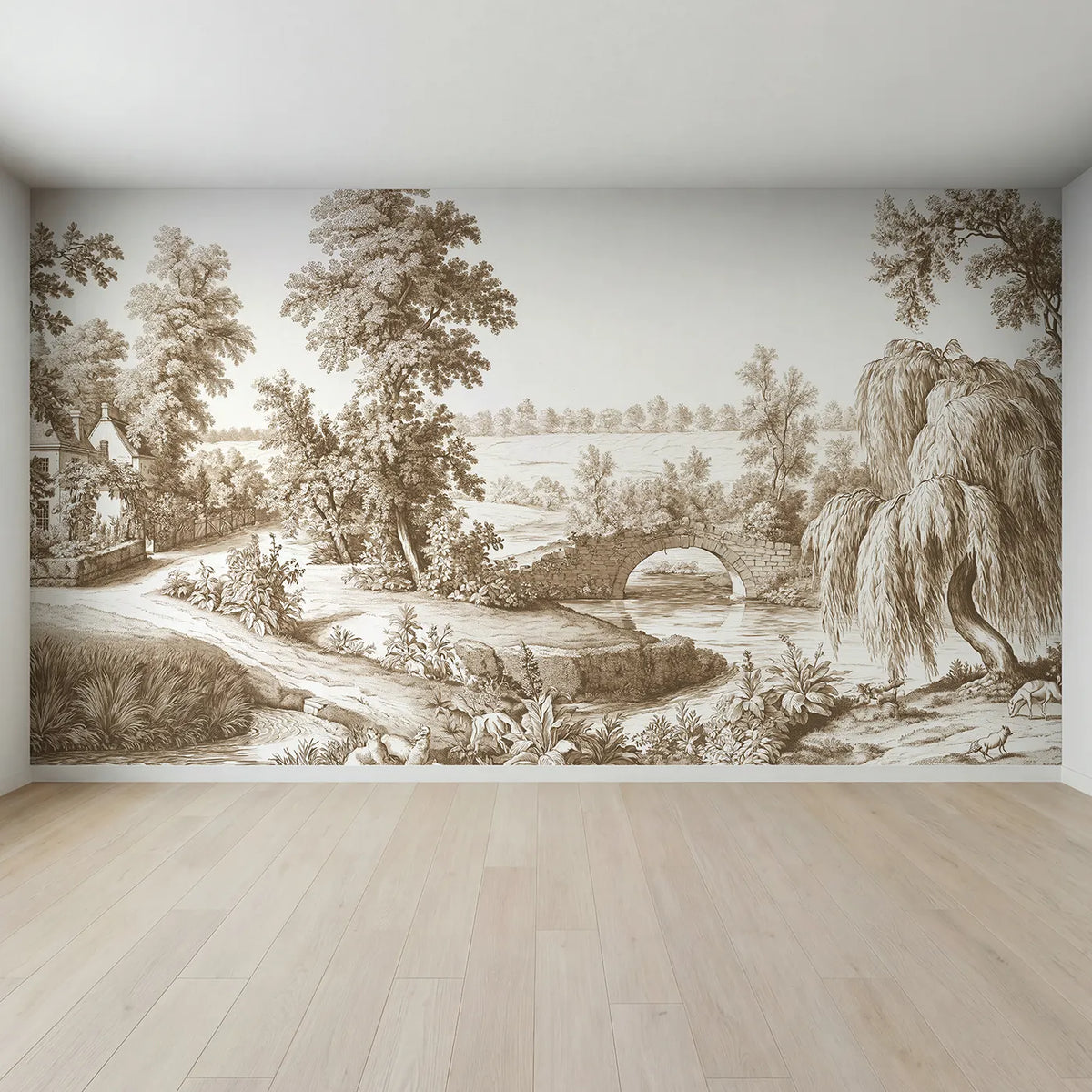 Full view of Old Stone Bridge Wallpaper Mural in Brown by Whimsy Tots