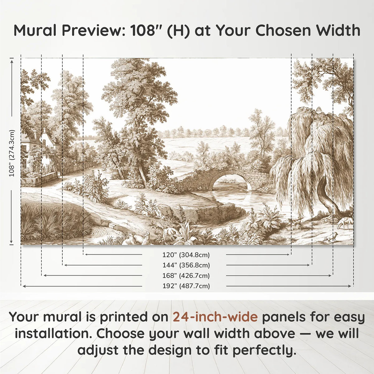 Panel layout and dimensions for Old Stone Bridge Wallpaper Mural in Brown by Whimsy Tots