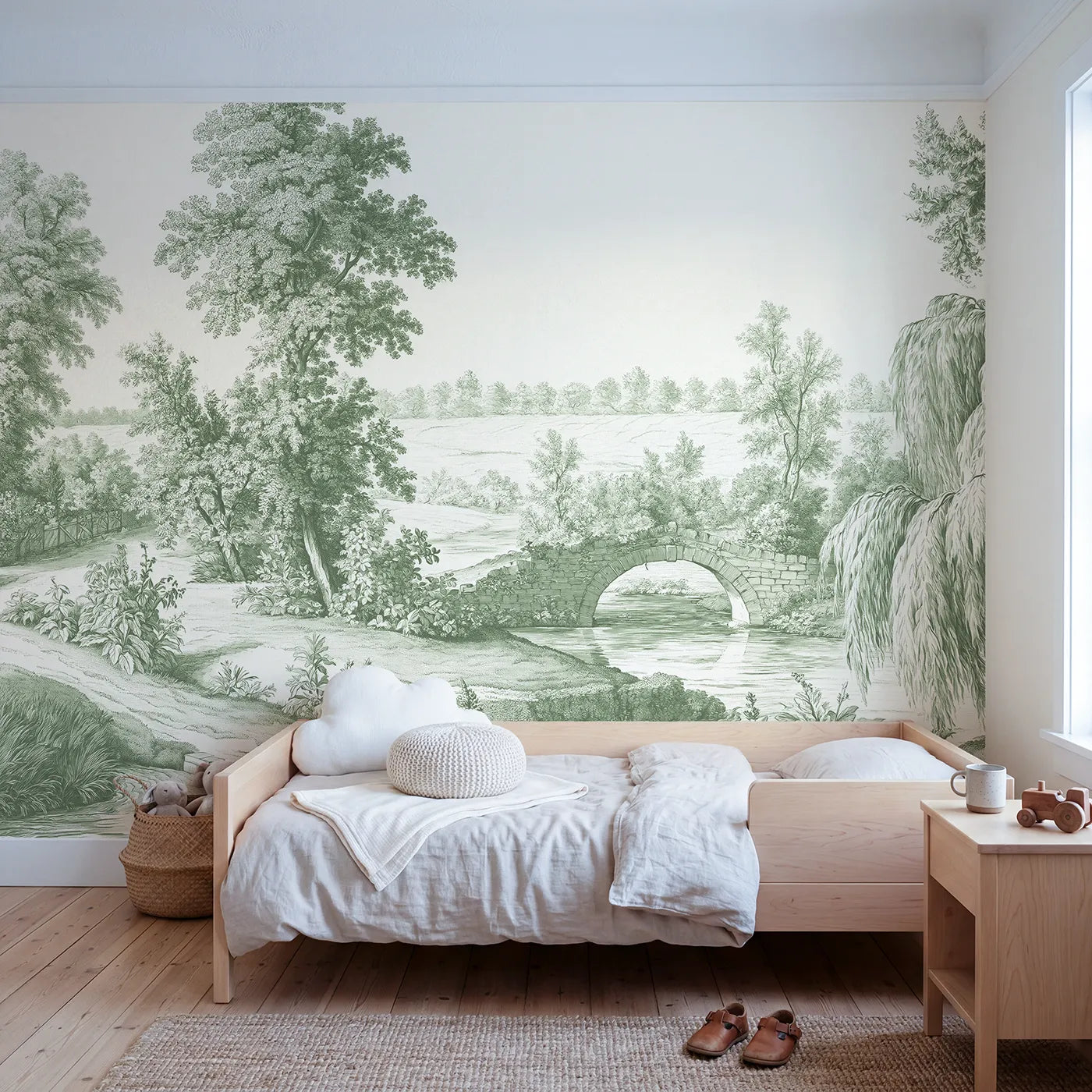 Toile wall mural of a stone bridge over a stream in green ink by Whimsy Tots