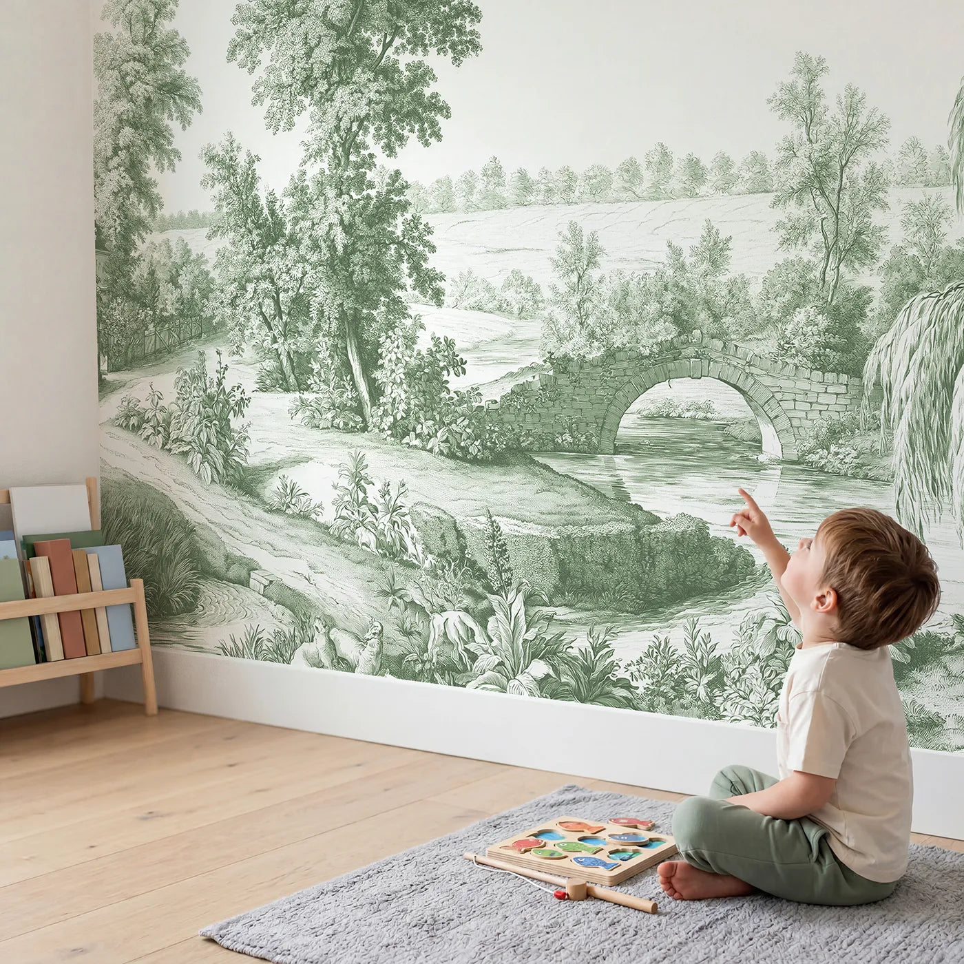 Child in nursery with Old Stone Bridge Wallpaper Mural in Green by Whimsy Tots