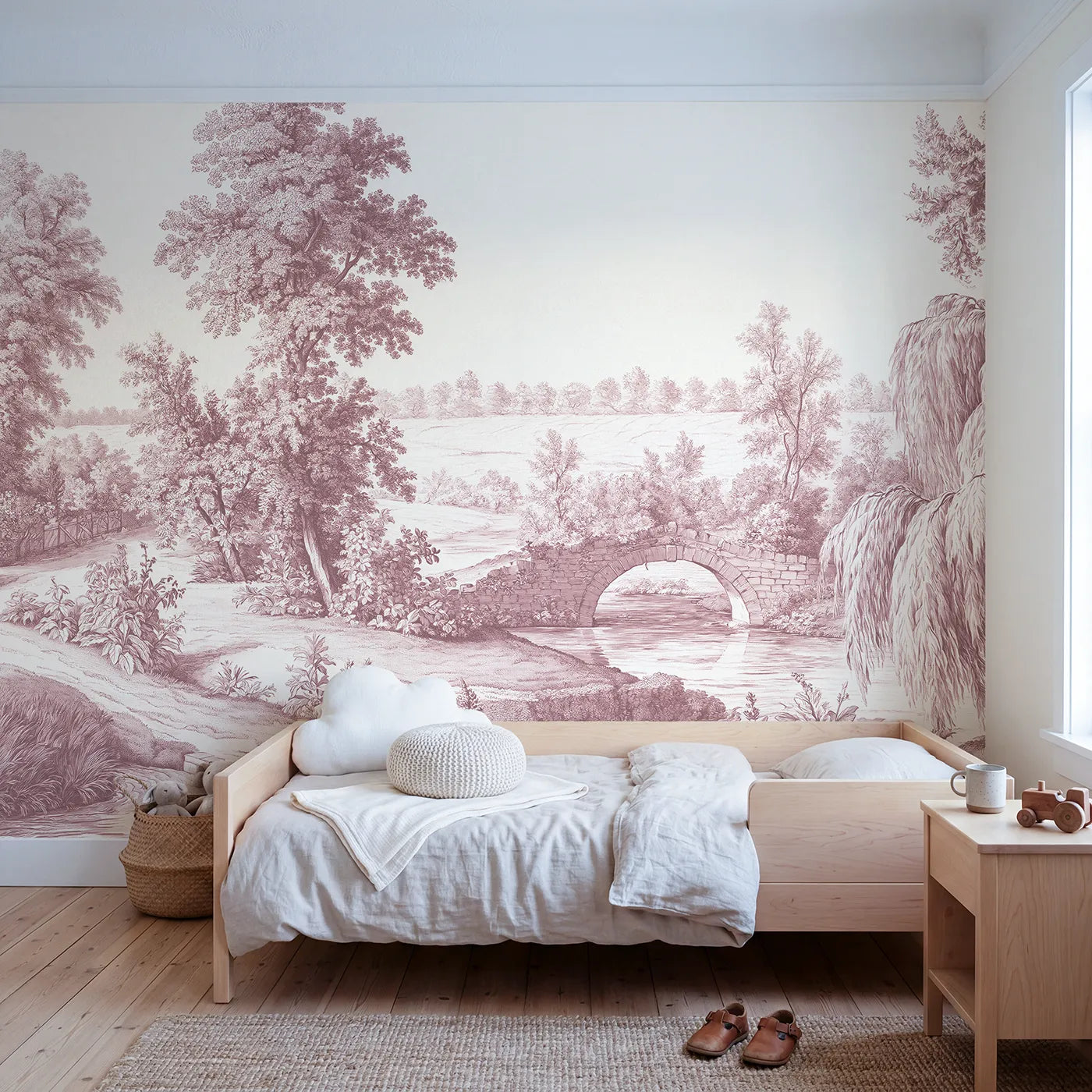 Toile wall mural of a stone bridge over a stream in pink ink by Whimsy Tots